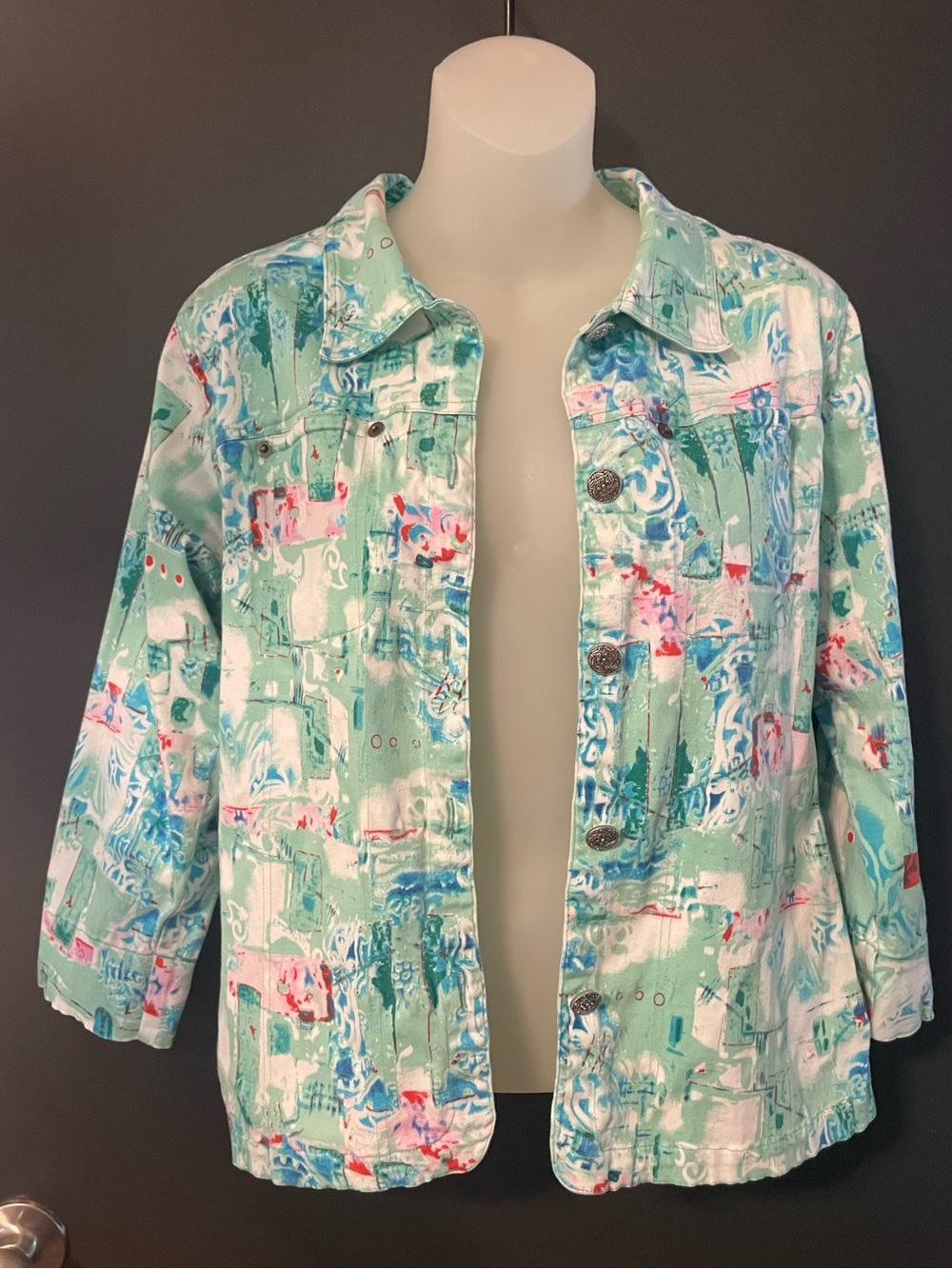 Karen Hart Abstract Print Stretch Cotton Jacket Mint Blue Pink Size Large - Picture 2 of 8